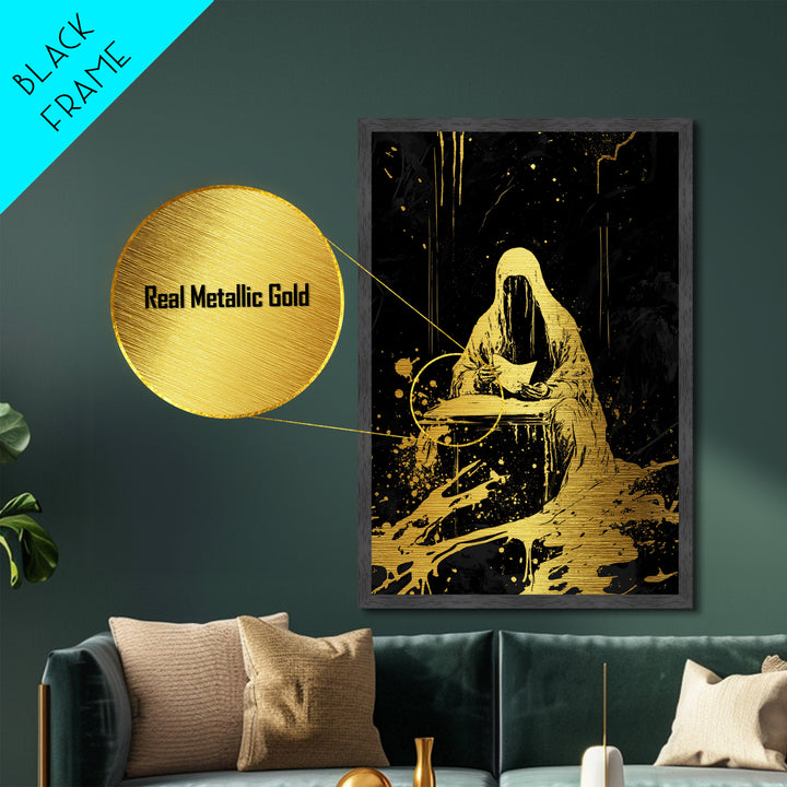 Grim Reaper Reading Gothic Metallic Gold Art Metal Art Creepy Haunted Wall Print with Real Wood Frame for Spooky Season