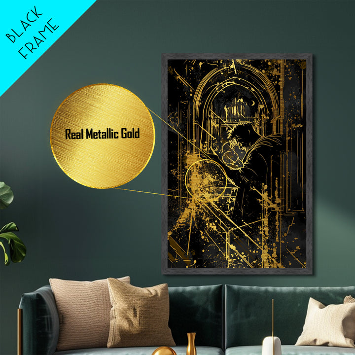Gothic Cathedral Sorcerer Metallic Gold Art Metal Art Haunted Architecture Halloween Wall Decor with Real Wood Frame