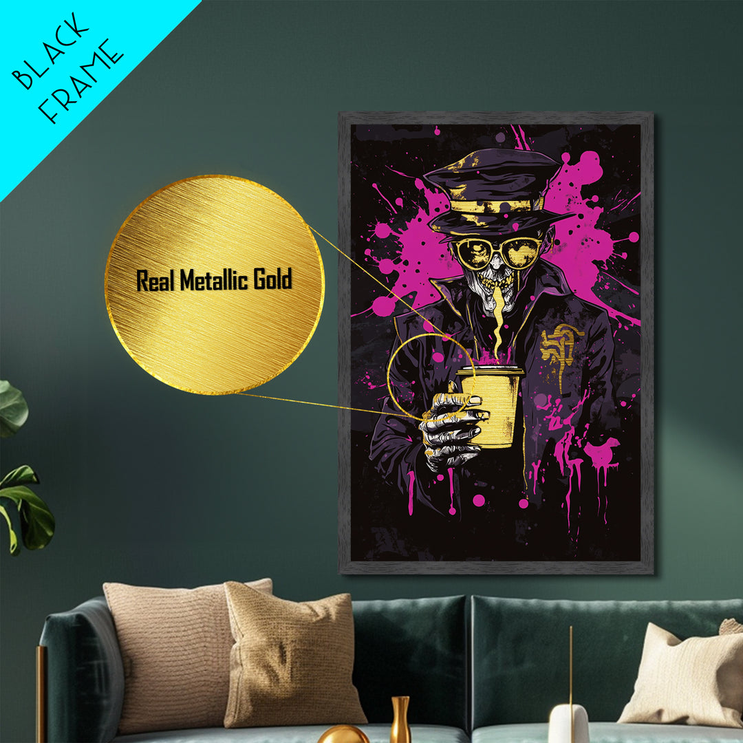 Skeleton Bartender Metallic Gold Art Metal Art Gothic Skull Drinking Print Halloween Spooky Decor with Natural Wood Frame