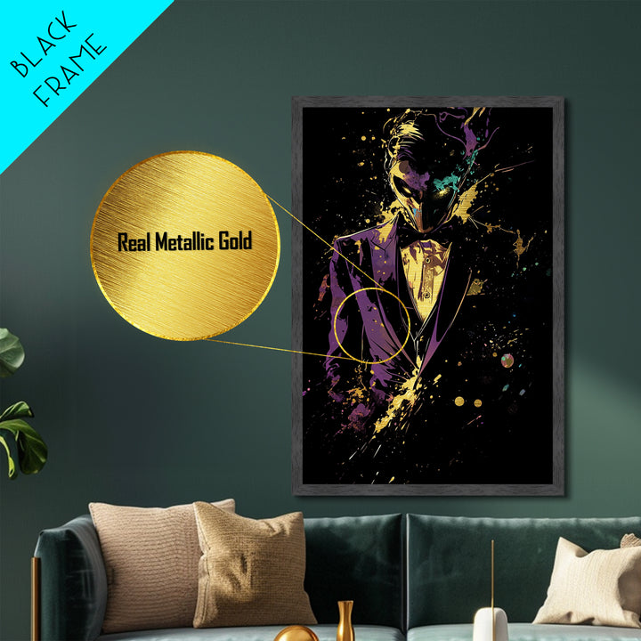 Masked Phantom Metallic Gold Art Metal Art Gothic Mysterious Tuxedo Haunted Portrait Wall Print with Real Wood Frame