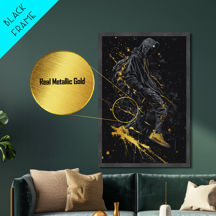 Metallic Gold Art Cyberpunk Hoodie Halloween Wall Decor | Spooky Streetwear Metal Art with Real Wood Frame | Dark Urban Gothic