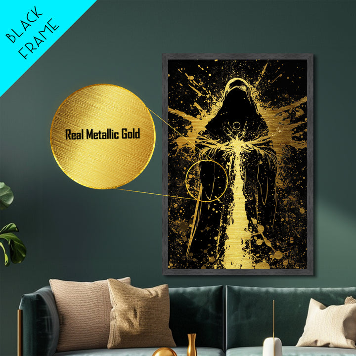 Gothic Reaper Metallic Gold Art | Spooky Halloween Metal Art on Black Canvas | Cloaked Horror Figure Framed in Natural Wood