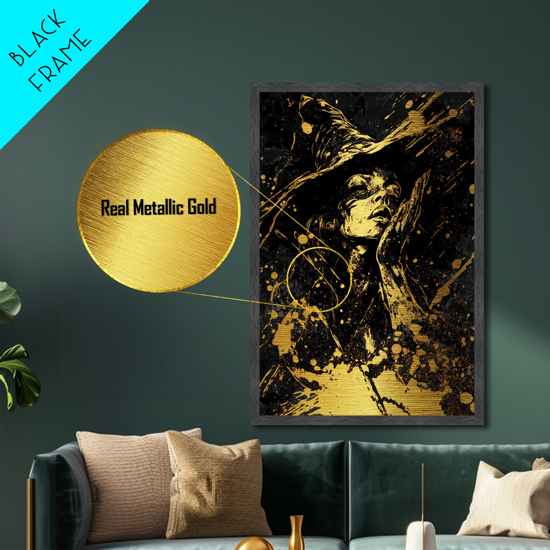 Witch in Shadows Metallic Gold Art | Gothic Halloween Metal Art | Enchanted Sorceress Design Mounted in Real Wood Frame
