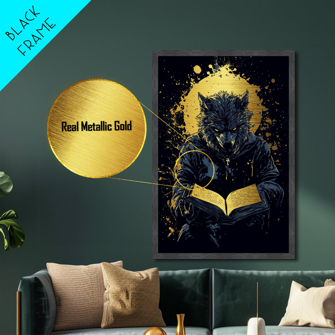 Werewolf Spellbook Metallic Gold Art | Gothic Horror Halloween Metal Art | Full Moon Creature Framed with Real Wood Finish