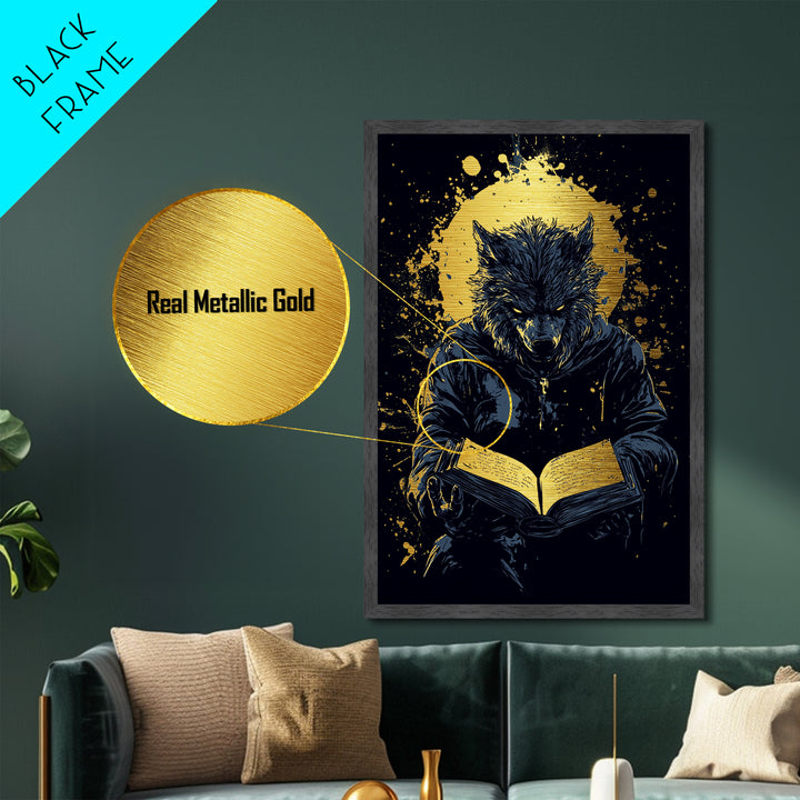 Werewolf Spellbook Metallic Gold Art | Gothic Horror Halloween Metal Art | Full Moon Creature Framed with Real Wood Finish