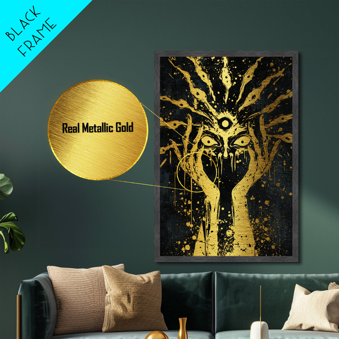 Third Eye Occult Metallic Gold Art | Haunted Horror Halloween Metal Art | Mystical Visionary Witch Framed in Real Wood