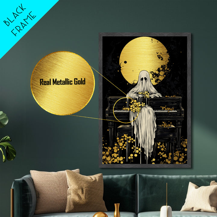 Ghost at Piano Metallic Gold Art | Creepy Gothic Halloween Metal Art | Haunted Spirit Music Scene Framed in Natural Wood