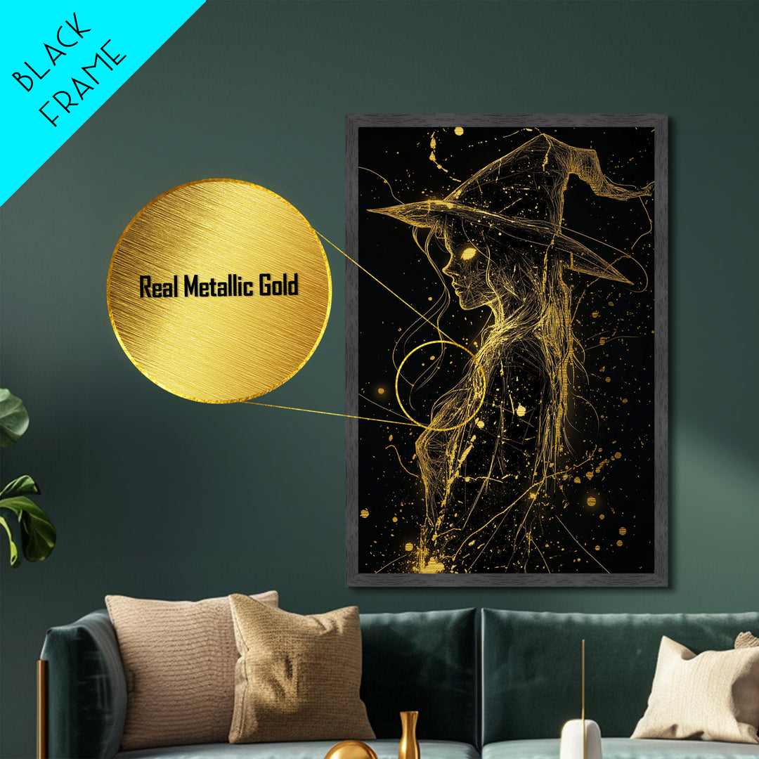 Witch Silhouette Metallic Gold Art | Spooky Season Gothic Halloween Metal Art | Glowing Eyes Framed with Real Wood Detail