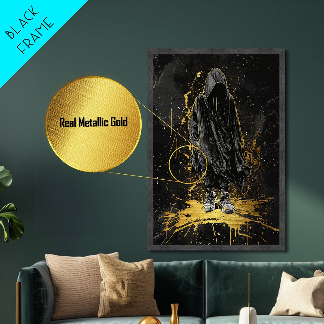 Metallic Gold Art Hooded Phantom Halloween Wall Art | Creepy Spooky Season Metal Art with Real Wood Frame | Haunted Horror Decor