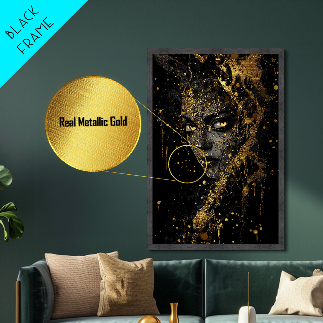 Haunted Gothic Witch Portrait Metallic Gold Art Metal Art Framed in Natural Wood Spooky Season Halloween Wall Decor