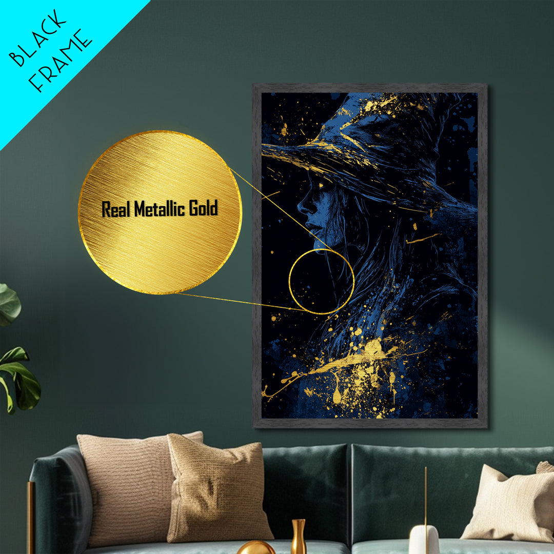 Witchy Woman Halloween Artwork Metallic Gold Art Metal Art in Real Wood Frame Creepy Spooky Gothic Horror Wall Hanging