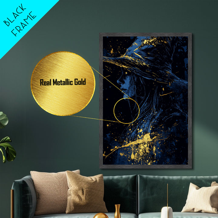 Witchy Woman Halloween Artwork Metallic Gold Art Metal Art in Real Wood Frame Creepy Spooky Gothic Horror Wall Hanging