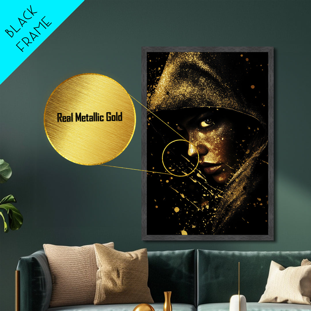 Creepy Gothic Hooded Witch Portrait Metallic Gold Art Metal Art Halloween Horror Artwork with Real Wood Framing