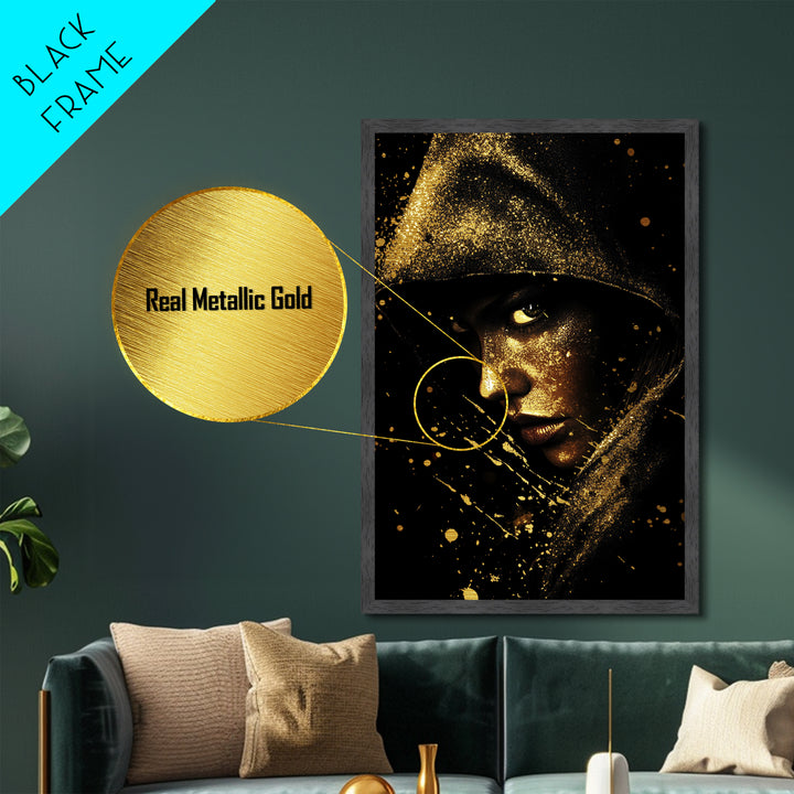 Creepy Gothic Hooded Witch Portrait Metallic Gold Art Metal Art Halloween Horror Artwork with Real Wood Framing