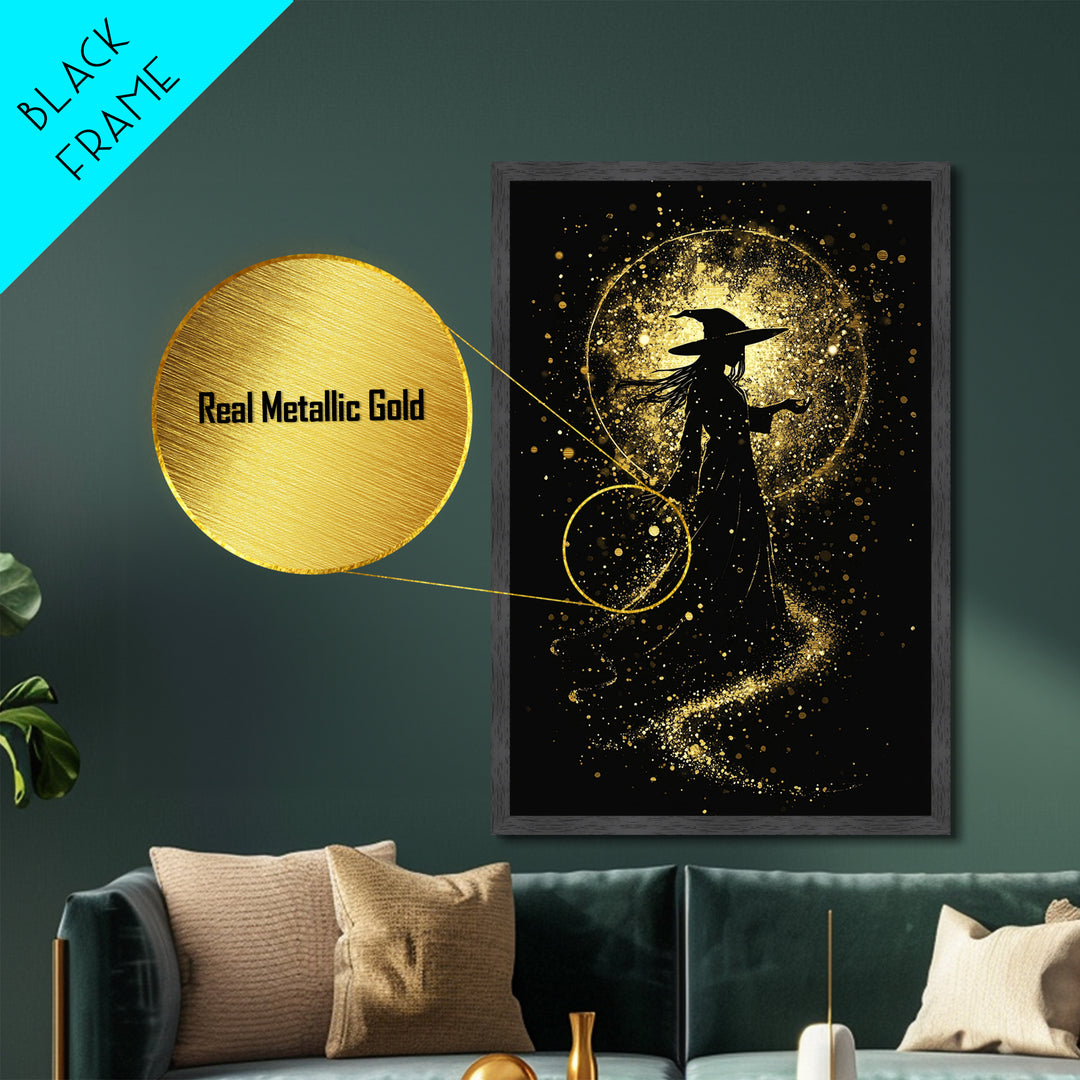 Metal Art Metallic Gold Art Haunted Witch Wall Decor Gothic Halloween Portrait Framed in Authentic Real Wood