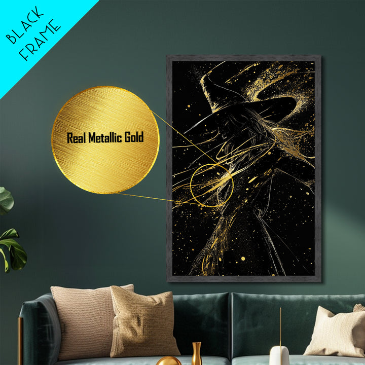 Witch Under Full Moon Metallic Gold Art Metal Art Halloween Spooky Season Silhouette Framed in Natural Real Wood