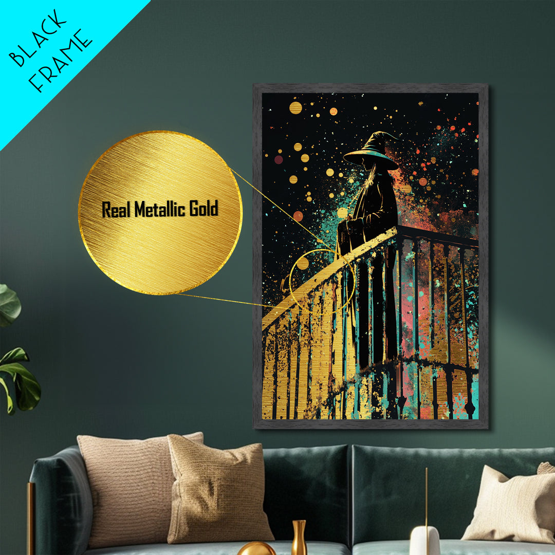 Haunted Staircase Witch Portrait Metallic Gold Art Metal Art Creepy Gothic Halloween Wall Decor in Real Wood Frame