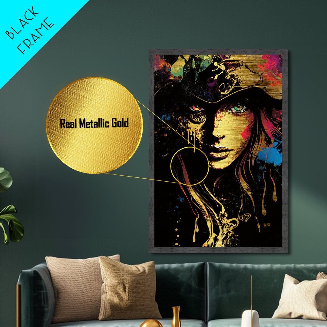 Halloween Horror Witch Face Metallic Gold Art Metal Art Spooky Gothic Haunted Artwork Framed with Natural Wood
