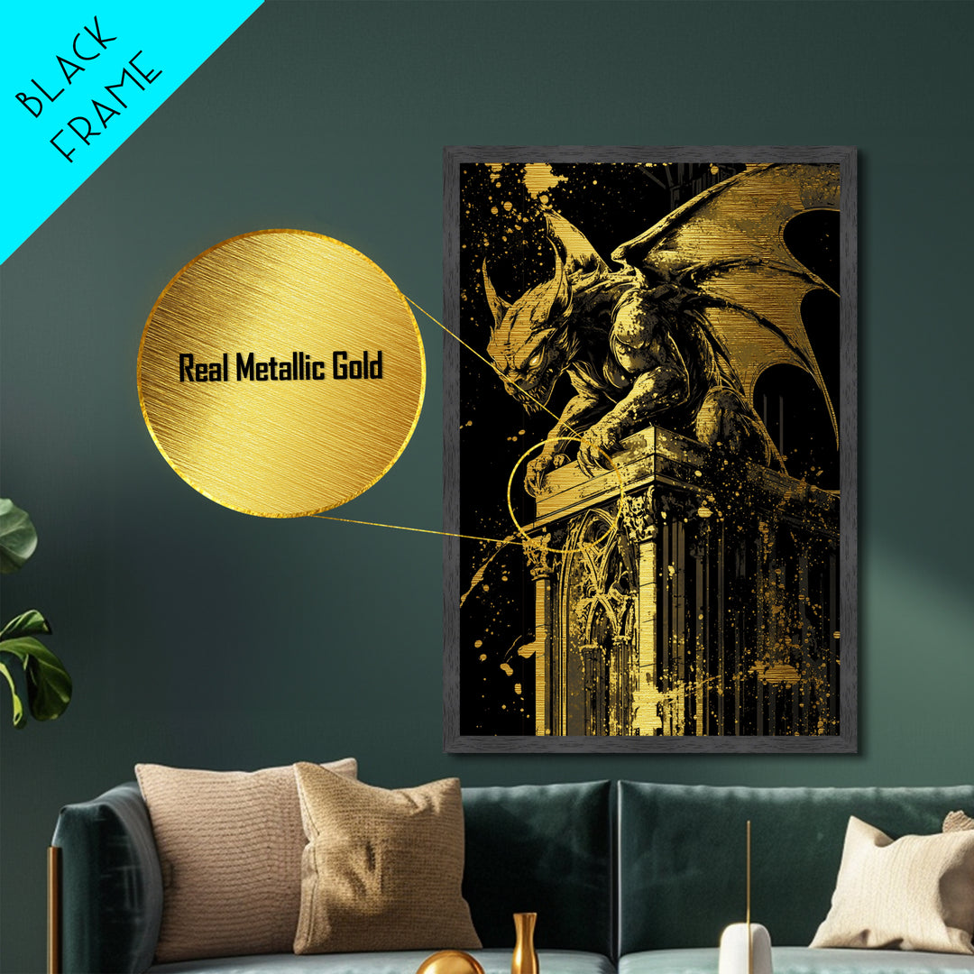 Metallic Gold Art Gargoyle Halloween Wall Art | Gothic Monster Metal Art with Real Wood Frame | Spooky Dark Fantasy Haunted Decor