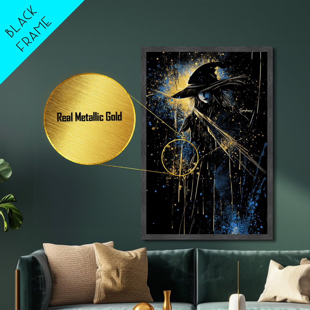 Witchy Gothic Halloween Wall Art Metallic Gold Art Metal Art Spooky Season Decor Portrait Framed in Solid Real Wood