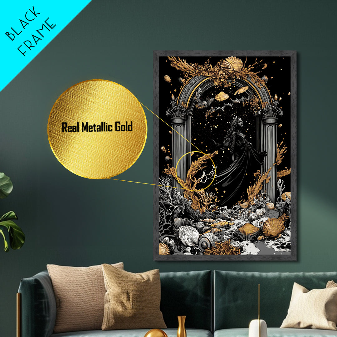 Gothic Arch Witch Metallic Gold Art | Haunted Coral Sea Metal Art | Halloween Wall Décor Framed in Real Wood