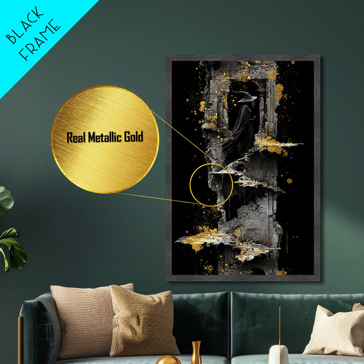 Witch in Ruins Metallic Gold Art | Haunted Staircase Gothic Metal Art | Spooky Halloween Wall Hanging with Real Wood Frame