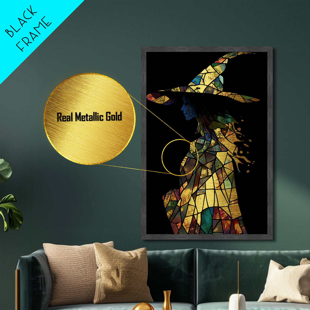 Stained Glass Witch Silhouette | Vibrant Halloween Metallic Gold Art | Witchy Metal Art in Natural Wood Frame