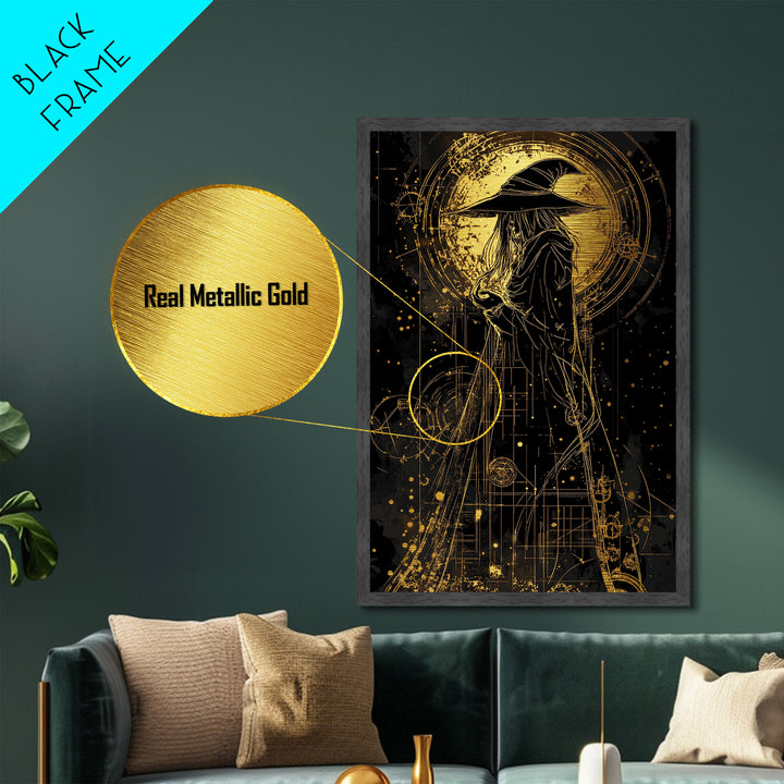 Celestial Witch Metallic Gold Art | Occult Magic Circles Metal Art | Gothic Halloween Wall Print with Real Wood Frame