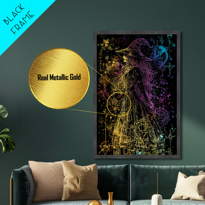 Rainbow Witch Aura Metallic Gold Art | Spooky Sorcery Metal Art | Halloween Witch Wall Décor Framed in Natural Wood