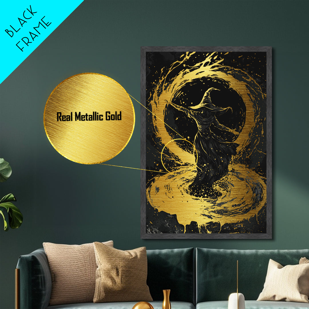 Witch Casting Spell Metallic Gold Art | Enchanted Magic Circle Metal Art | Gothic Halloween Wall Hanging with Wood Frame