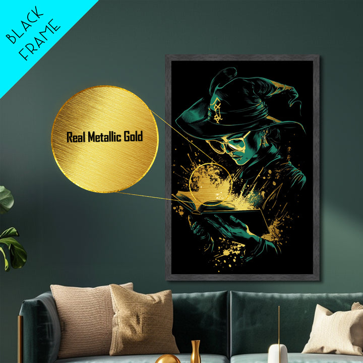 Witch Reading Spellbook Metallic Gold Art | Gothic Sorcery Metal Art | Halloween Wall Décor in Framed Real Wood