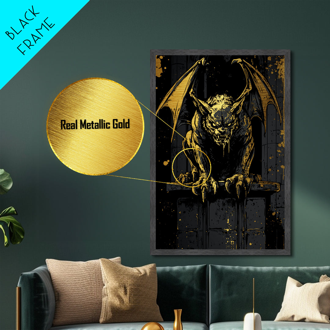 Metallic Gold Art Gargoyle Statue Halloween Wall Decor | Scary Gothic Metal Art with Real Wood Frame | Dark Spooky Haunted Artwork
