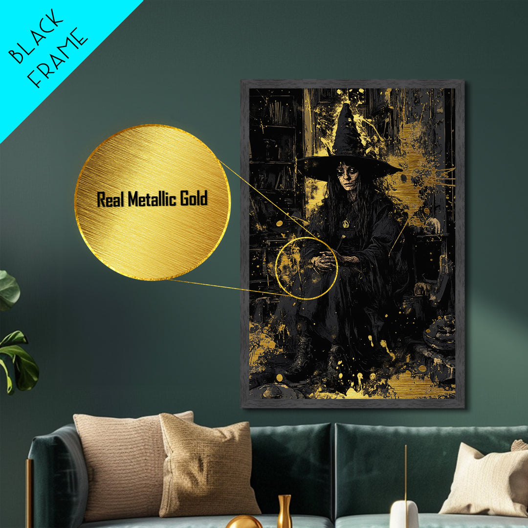 Dark Gothic Witch Metallic Gold Art | Spooky Sorceress Metal Art | Halloween Wall Hanging with Real Wood Frame
