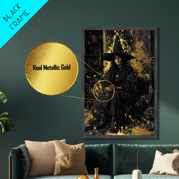 Dark Gothic Witch Metallic Gold Art | Spooky Sorceress Metal Art | Halloween Wall Hanging with Real Wood Frame