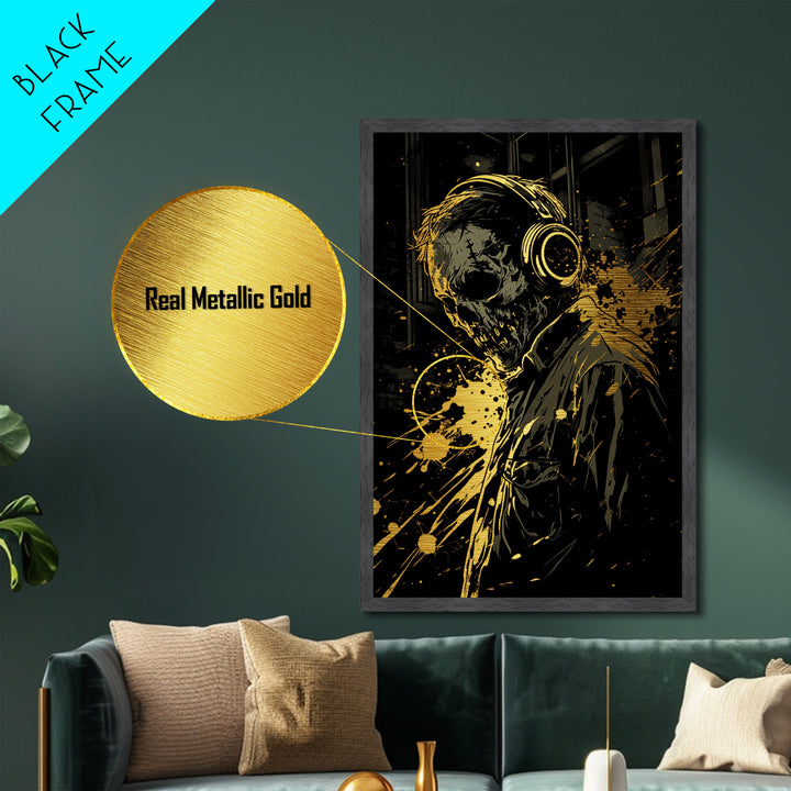 Haunted Skull With Headphones Metallic Gold Art, Creepy Music Lover Metal Art In Real Wood Frame, Gothic Horror Halloween Decor
