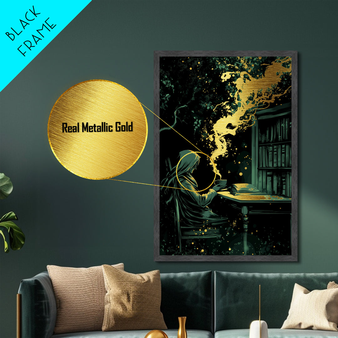 Mystical Witch Reading Metallic Gold Art, Spooky Gothic Library Scene Metal Art In Handcrafted Real Wood Frame For Halloween