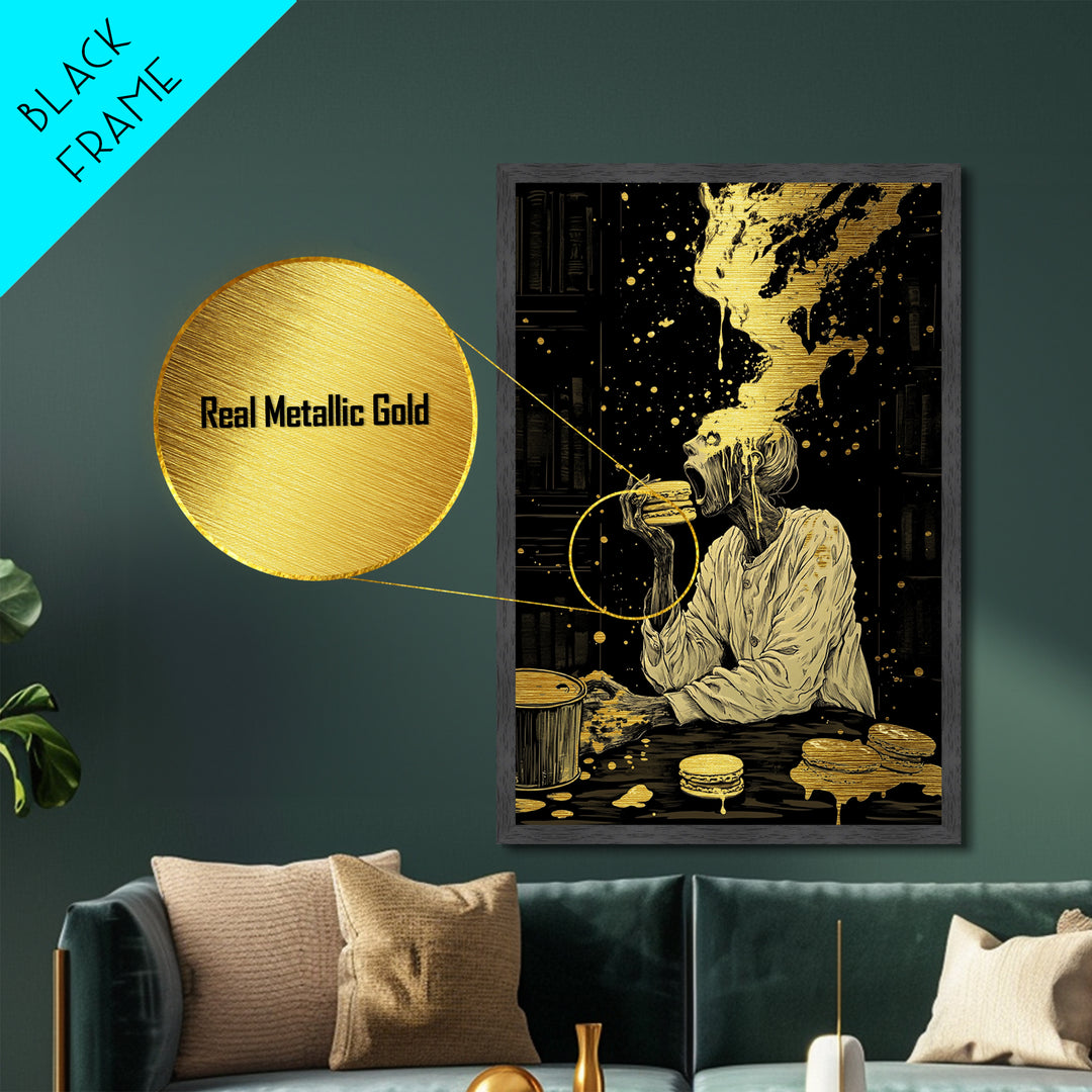 Ghastly Feast Burger Metallic Gold Art, Creepy Halloween Dining Metal Art Framed In Wood, Spooky Horror Wall Decor For Haunted Homes