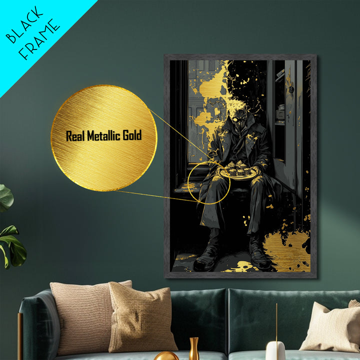 Dark Masked Stranger With Cupcakes Metallic Gold Art, Gothic Horror Metal Art Halloween Accent Framed In Authentic Wood Frame