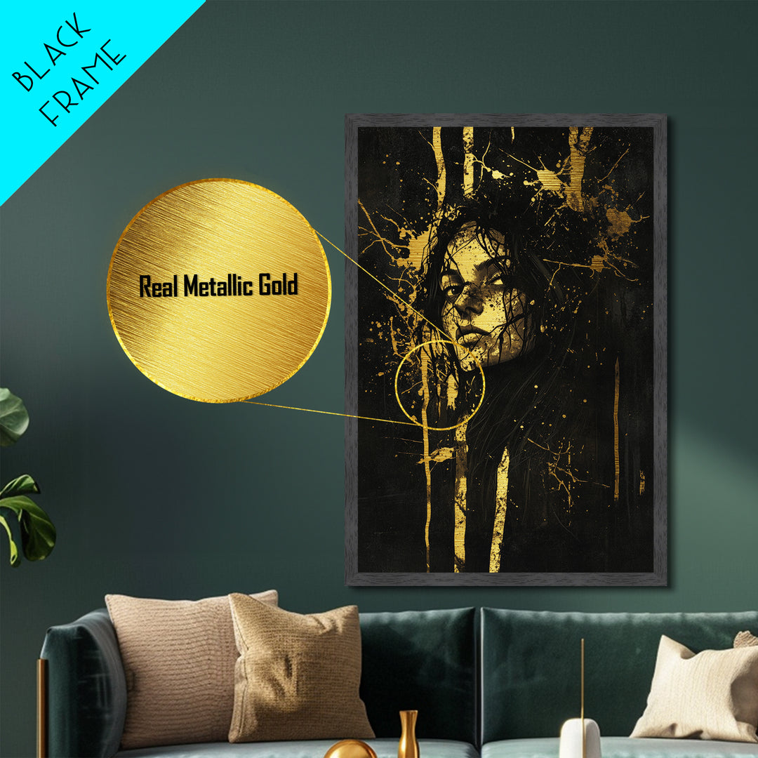 Metallic Gold Art Haunted Woman Portrait Wall Decor | Spooky Gothic Metal Art with Real Wood Frame | Halloween Witchy Dark Aesthetic