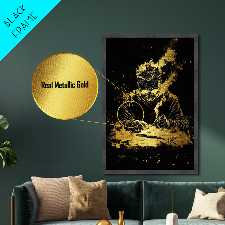 Haunted Writer Metallic Gold Art Metal Art Gothic Spooky Halloween Print with Real Wood Frame for Dark Academia Wall Decor