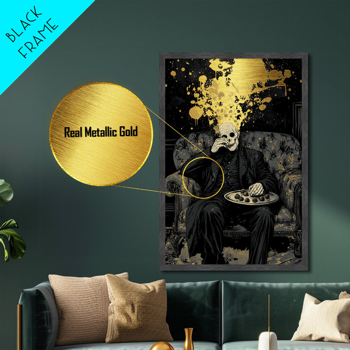 Skeletal Host Metallic Gold Art Metal Art Haunted Gothic Halloween Portrait Print with Wood Frame for Spooky Macabre Decor