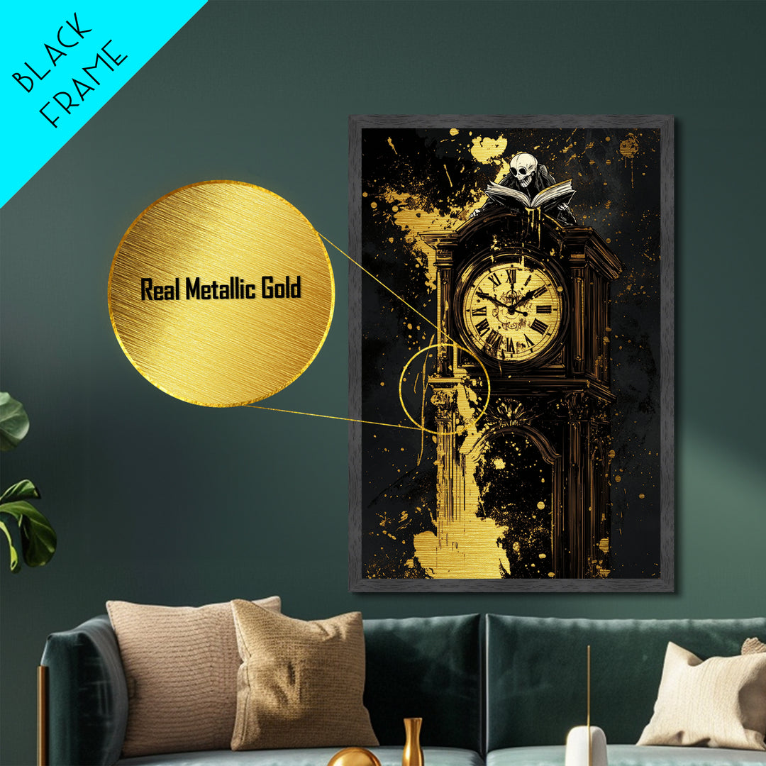 Haunted Grandfather Clock Metallic Gold Art Metal Art Gothic Halloween Decor Framed in Natural Real Wood for Spooky Home