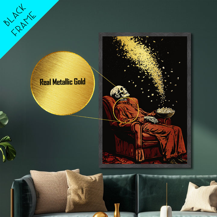 Skeleton Popcorn Metallic Gold Art Metal Art Haunted Movie Night Gothic Spooky Season Wall Print with Solid Real Wood Frame