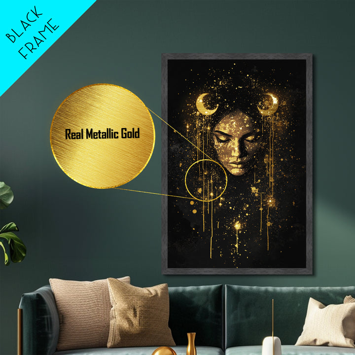 Metallic Gold Art Moon Goddess Halloween Wall Art | Mystical Witchy Metal Art with Real Wood Frame | Spooky Celestial Haunted Decor