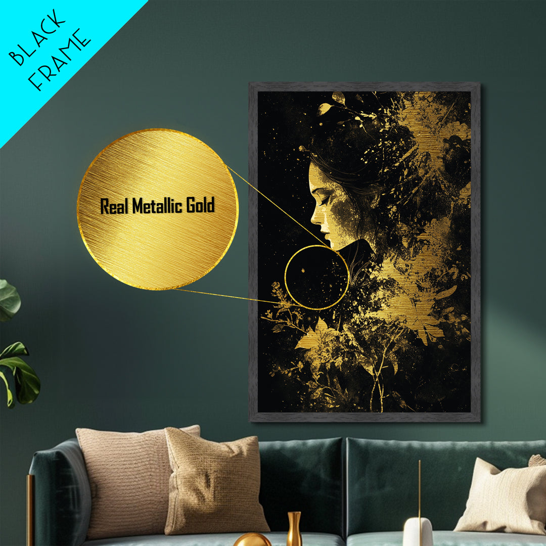 Metallic Gold Art Haunted Floral Woman Wall Decor | Spooky Witchy Metal Art with Real Wood Frame | Halloween Gothic Dark Bloom Design