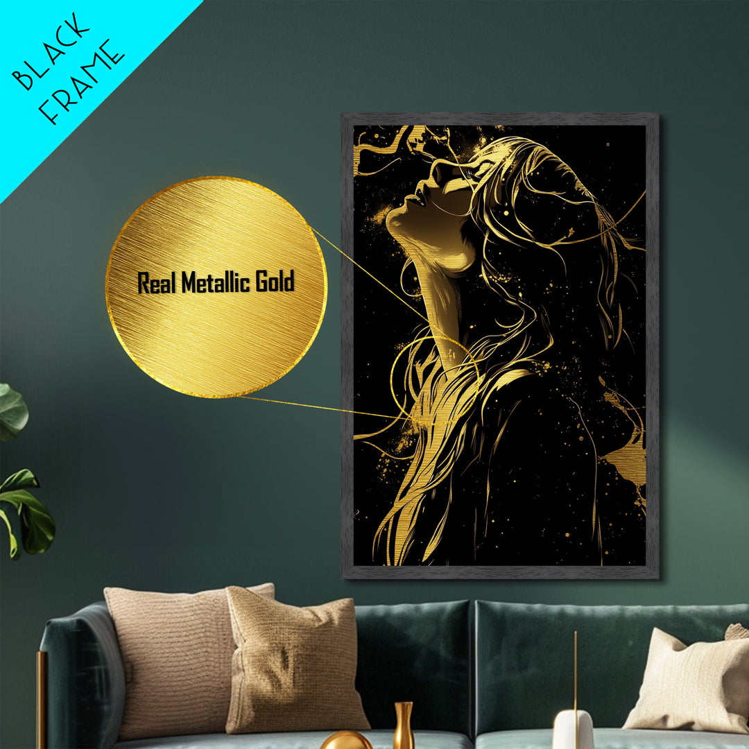 Gold Line Art Witch in Wind – Metallic Gold Art, Halloween Metal Art Print with Real Wood Frame, Stylish Spooky Season Decor