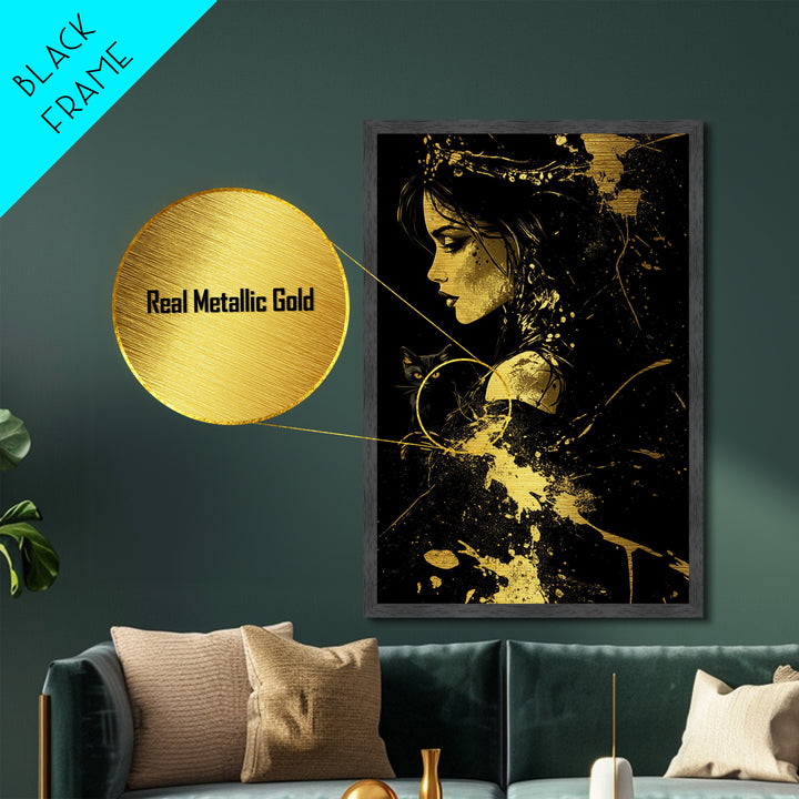 Metallic Gold Art Witch with Black Cat Halloween Wall Art | Spooky Gothic Metal Art with Real Wood Frame | Haunted Dark Witch Decor