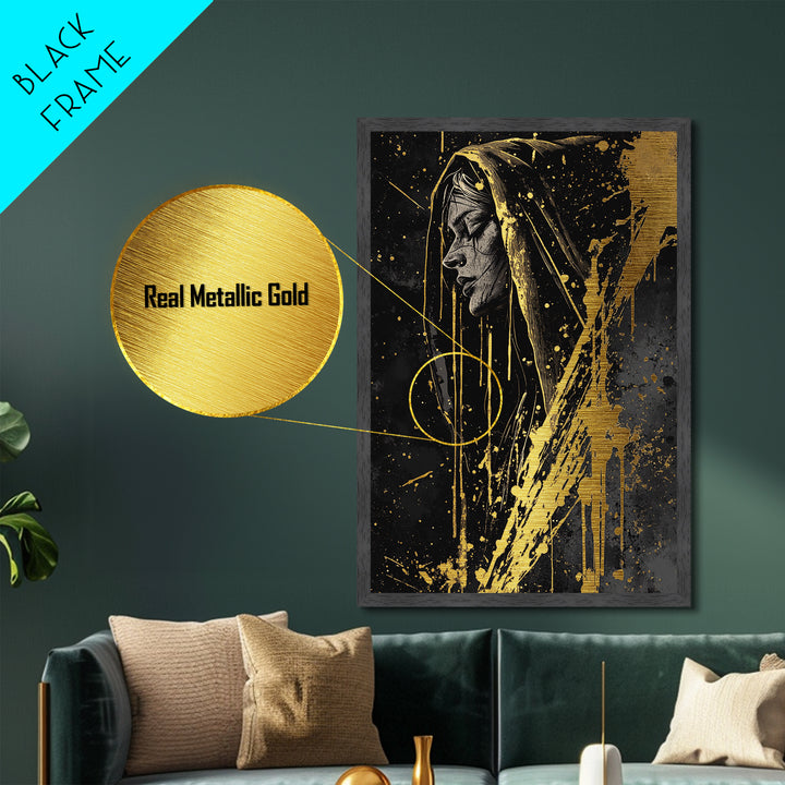 Haunted Hooded Woman Portrait Metallic Gold Art Metal Art, Gothic Halloween Wall Decor Framed in Natural Real Wood
