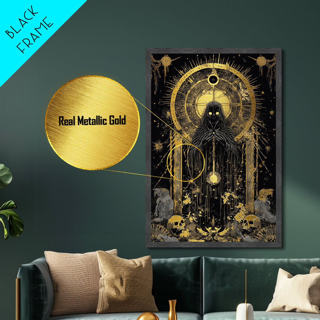 Occult Skeleton Priest Metallic Gold Art Metal Art, Creepy Gothic Horror Wall Hanging with Real Wood Frame