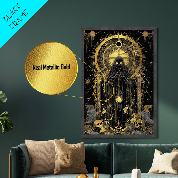 Occult Skeleton Priest Metallic Gold Art Metal Art, Creepy Gothic Horror Wall Hanging with Real Wood Frame